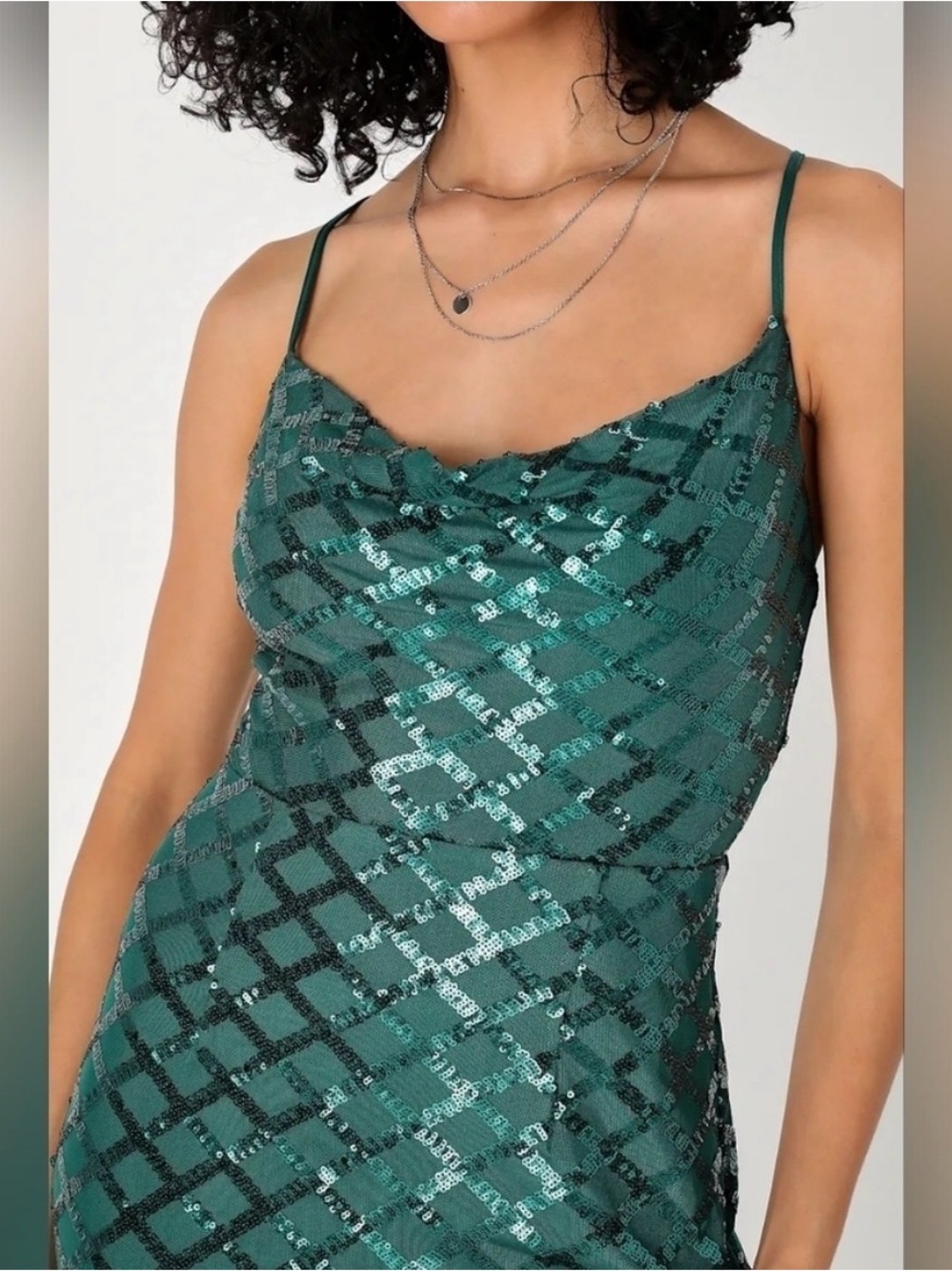 Lulu's Emerald Sequin Cowl Slip Gown - Picture 3 of 9